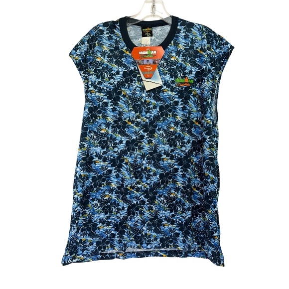 Ironman Triathlon by Duofold Tops - Ironman Triathlon Duofold Sleeveless Shirt XL Blue Tropical Floral CoolMax (J39)